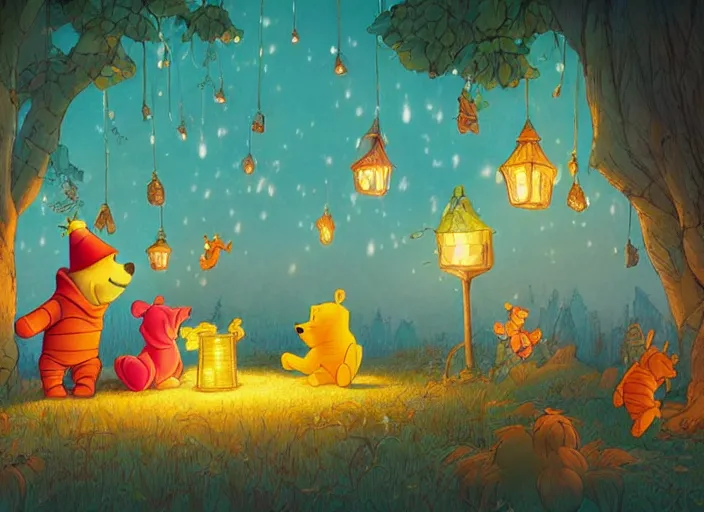 Image similar to concept art of a birthday party at night with winnie the pooh characters in the woods, paper lanterns and fairy lights, cel shaded, in the style of makoto shinkai and moebius and peter mohrbacher and anton fadeev