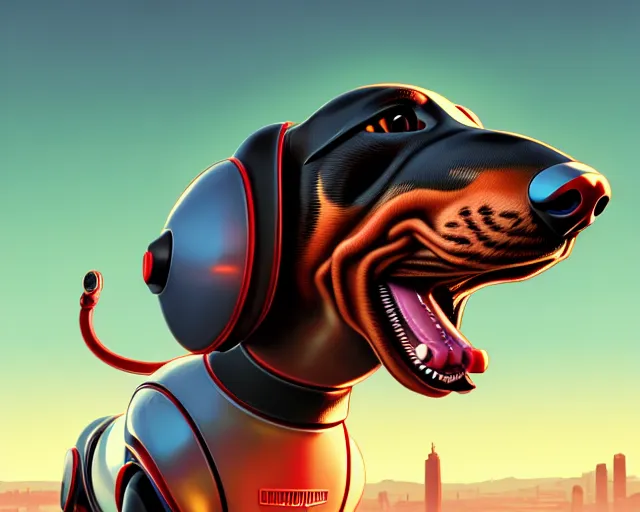 Prompt: completely mechanical robotic dachshund, hyper - realistic, gta v cover art, celshading, sharp focus, intricate, detailed, rhads, andreas rocha, makoto shinkai, lois van baarle, ilya kuvshinov, greg rutkowski, dynamic lighting, grunge aesthetic, 4 k