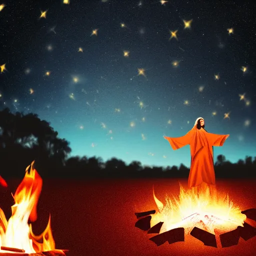 Image similar to bokeh photo of jesus rocking out with electric guitar surrounded by fire, with meteor shower in the background