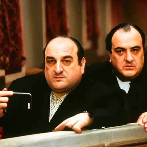 Image similar to a selfie photo of tony soprano and vito corleone, 8 k