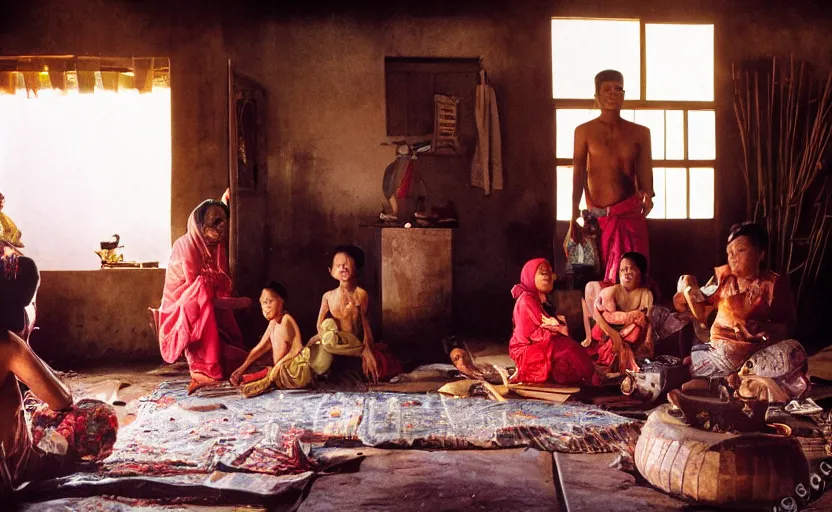 Prompt: a cinematic photograph of an Indonesian family inside their traditional house, by Gregory Crewdson, shot on 35mm film camera, natural lighting, 8K,