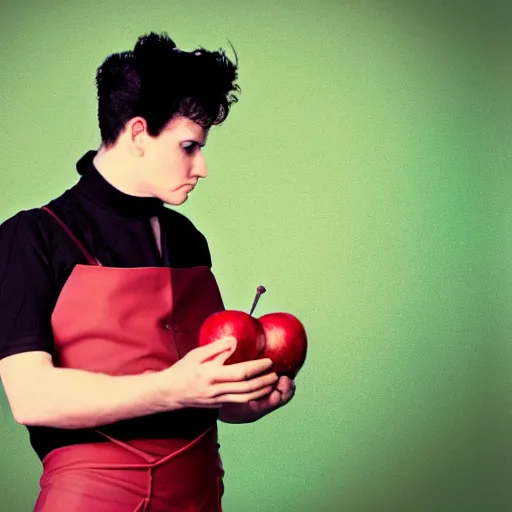 Prompt: edward scissors hands holding an apple, saturated image, centralised, barroc