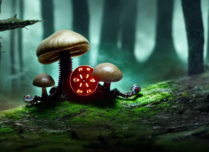 Image similar to 12mm intricate mechanical caterpillar with visible gears and electronics and optic Fibres sitting on top of a mushroom in a magical forest. Very detailed 8k. Fantasy cyberpunk horror. Sharp. Cinematic post-processing