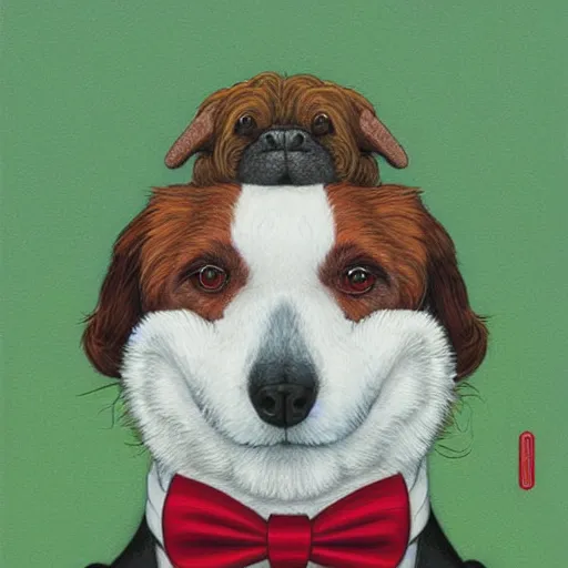 Image similar to portrait illustration of funny dog in the white tuxedo and red tie by jeremiah ketner, quint buchholz, wlop, dan mumford