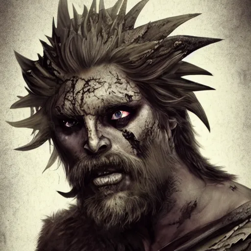 Image similar to berserker, wild ancient Irish, man with messy beard, wild hair, dinosaur skin cloak, dinosaur mask, dirt on face, dinosaur tattoo on face, wild look in his eyes, white background, highly detailed illustration, character design, art station, award winning