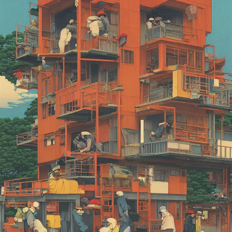 Prompt: workers exploited, living in hostels with bunk beds stacked on top of one another, by kawase hasui, moebius and edward hopper, colorful flat surreal design, hd, 8 k, artstation