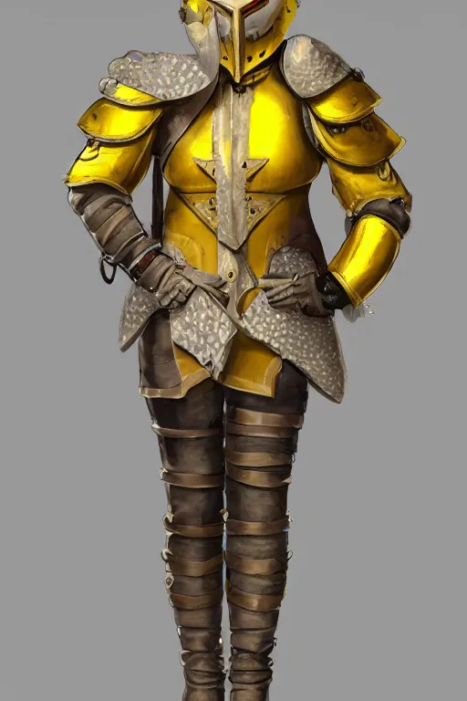 Prompt: female adventurer in tight full - body canary yellow gambeson leather armor of italian design with diamond pattern and brown leather accents and a closed armet helmet with white porcelain swan mask, trending in artstation, establishing shot