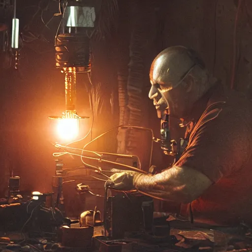 Image similar to half rusted old egg beater half stun - gun, balding older cyborg repairing, red hot soldering iron, dark messy smoke - filled cluttered workshop, dark, dramatic lighting, orange tint, cinematic, highly detailed, sci - fi, futuristic, movie still from blade runner