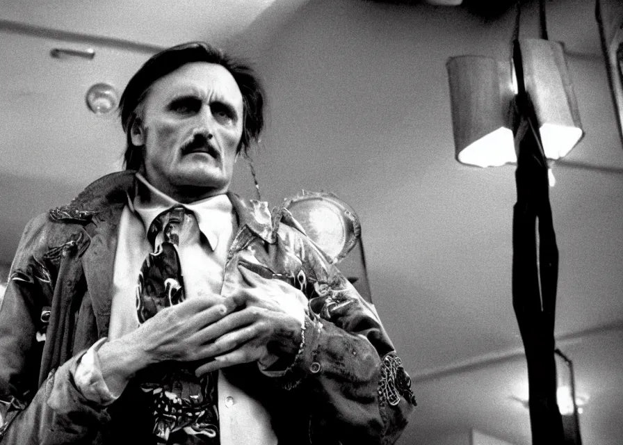 Prompt: Film still of 1980s Dennis Hopper in Twin Peaks (1990), The Black Lodge from Twin Peaks, eerie lynchian photography