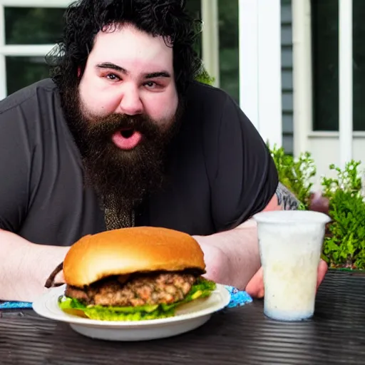 Image similar to overweight 2 0 year old with messy black hair and big beard eating burgers and chicken nuggets on his back porch table