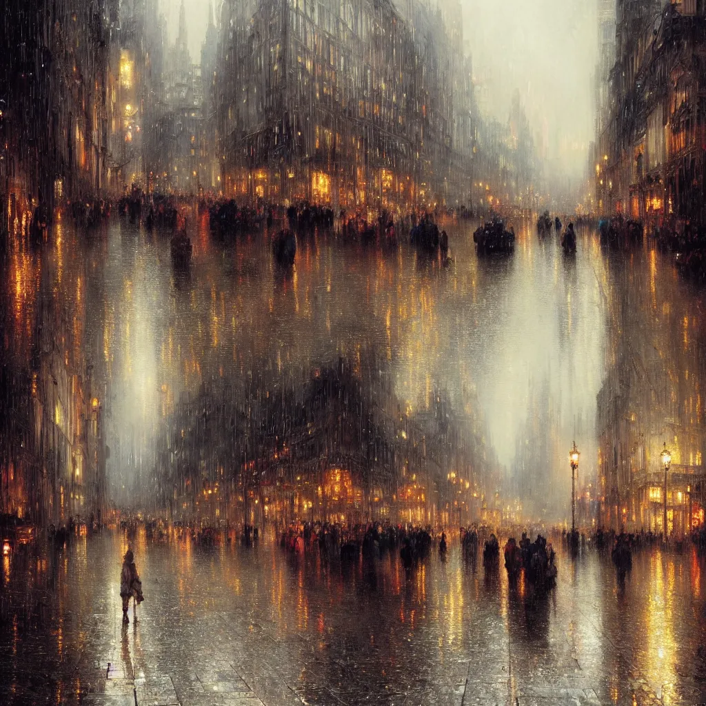 Image similar to a beautifull intricate city, wet sidewalk, people, reflections, raindrops, high details, art by william turner, by greg rutkowski and by alphonse mucha, trending on artstation, extremely detailed, masterpiece