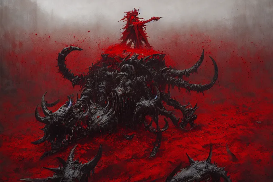 Image similar to the sea of blood and chaos demon, jakub rozalski.