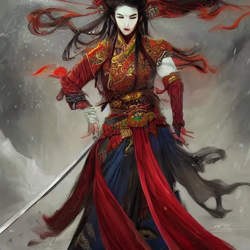 Prompt: An epic fantasy comic book style portrait painting of a gorgeous sword dance Chinese costume woman , by WLOP trending on pinterest and artbreeder, long hair, smoke, flowers rain everywhere, full body XIANXIA, Chinese temple, depth of field by Yoji Shinkawa 4k