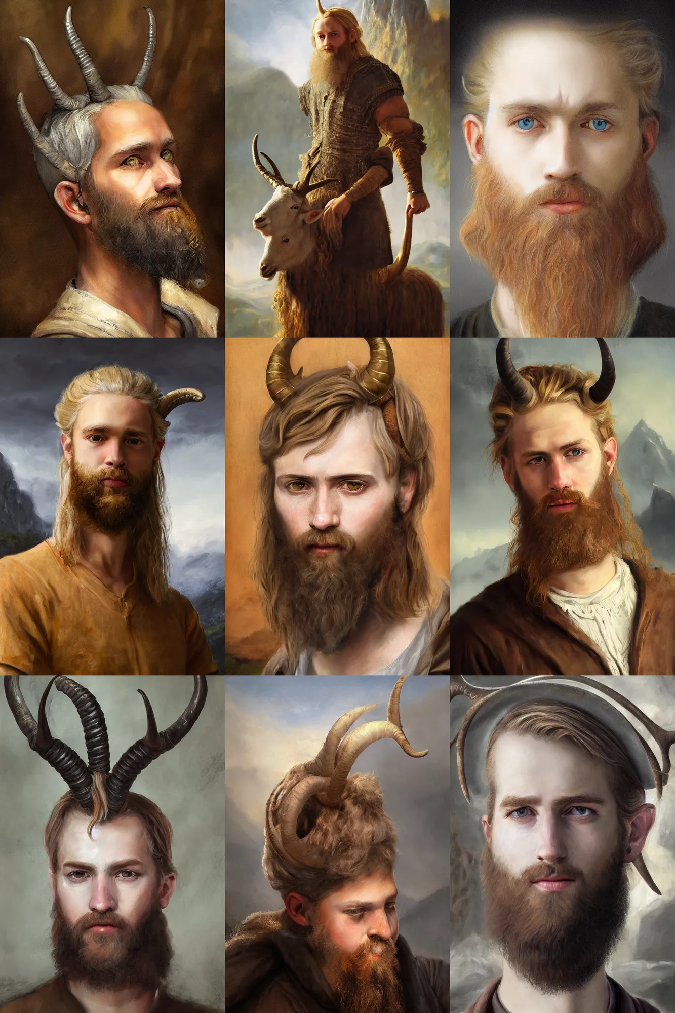Prompt: a high detail fantasy portrait oil painting illustration of a young blond bearded man with long goat horns by with face and body clearly visible, in a scenic background, pupils visible, realistic proportions, d & d, forgotten realms, artstation trending, high quality, sombre mood, muted colours, entire person visible!, natural light, in the style of rembrandt