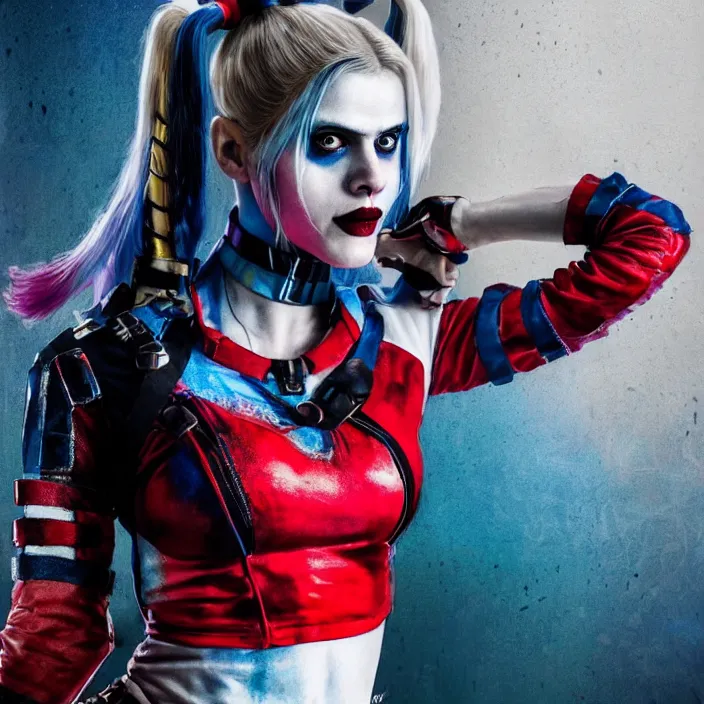 Image similar to portrait of alexandra daddario as a harley quinn in suicide squad. intricate abstract. intricate artwork. by tooth wu, wlop, beeple, dan mumford. octane render, trending on artstation, greg rutkowski very coherent symmetrical artwork. cinematic, hyper realism, high detail, octane render, 8 k, iridescent accents