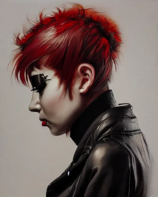 Prompt: portrait painting of a punk woman in a leather bomber jacket, medium shot, asymmetrical, profile picture, rainy night, trending on artstation, by huang guangjian