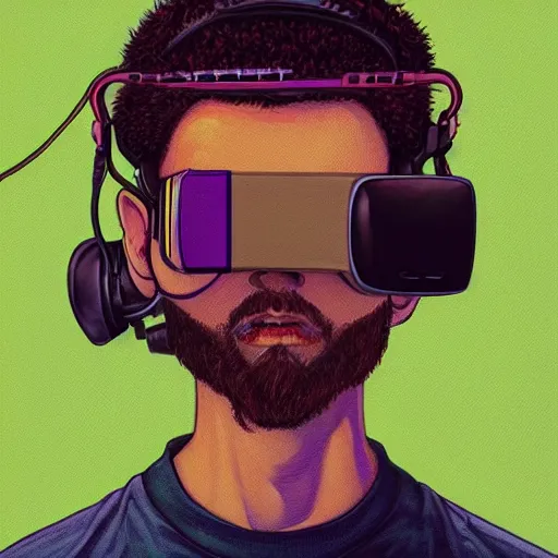 Image similar to portrait painting of a 9 0 s gamer with a vr headset on, sharp focus, award - winning, trending on artstation, masterpiece, highly detailed, intricate. art by josan gonzales and moebius and deathburger