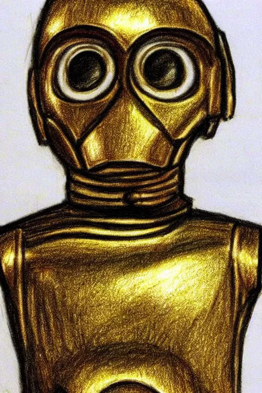 Image similar to very simple drawing of c 3 po as made by a child, crayon