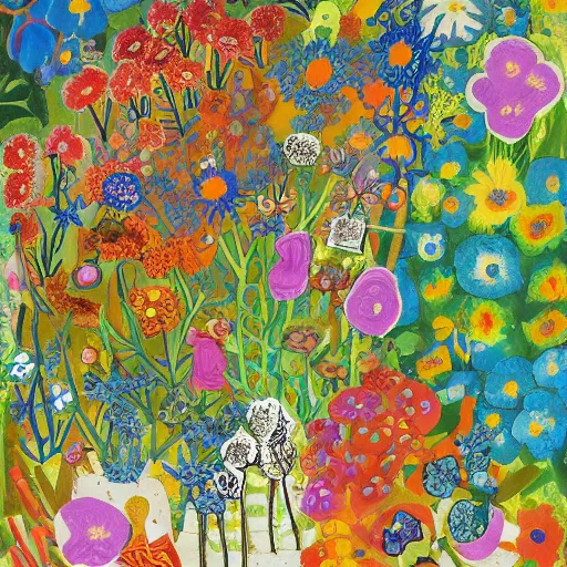 Prompt: a garden of flowers, a mix media painting by Victo Ngai, laurel burch and Leonardo da Vinci and Natalia Goncharova, cluttered , child's drawing