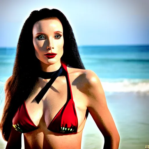 Image similar to a portrait of an sttng star trek klingon on holiday at risa, swimsuit, supermodel, model, star trek, photography, instagram, holiday, beach, high quality, sharp, cait miers, michael hoppen, qapla