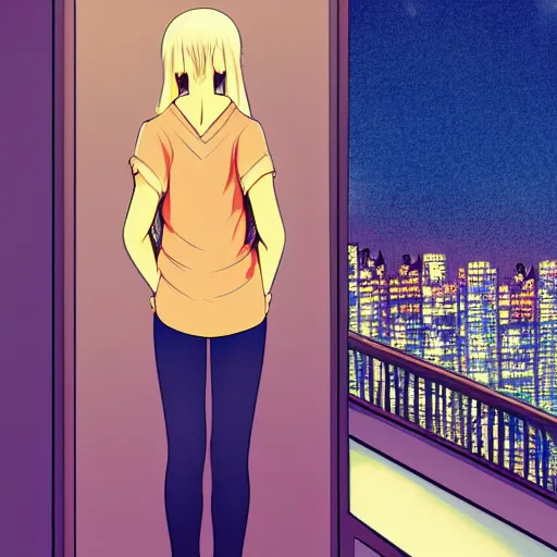 Image similar to a blonde, ponytailed woman stands on her balcony looking out at a city street at night, anime style