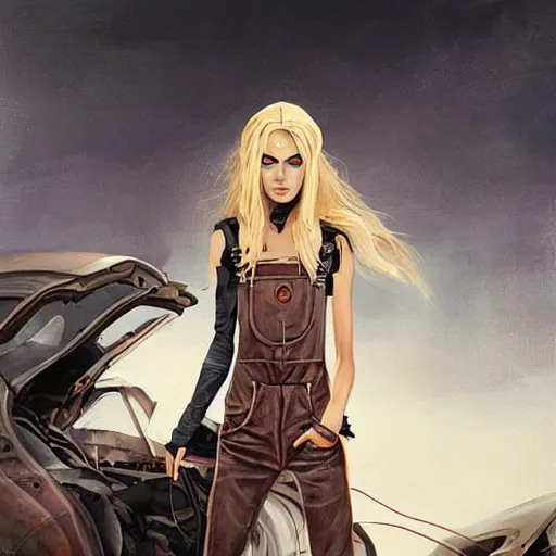 Image similar to a skinny high-fantasy elf with a long narrow face and spiky blonde hair wearing dark brown overalls and holding a bomb next to a destroyed car, painting by Charlie Bowater
