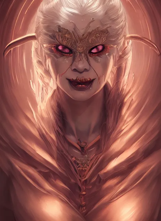 Image similar to a beautiful detailed oil on copper art illustration of a japanese hyottoko mask devil woman, centered, by charlie bowater, zeng fanzh, trending on artstation, dim dusk lighting, cinematic lighting, detailed lighting, volumetric lighting, realistic, f 8, 4 k hd wallpaper