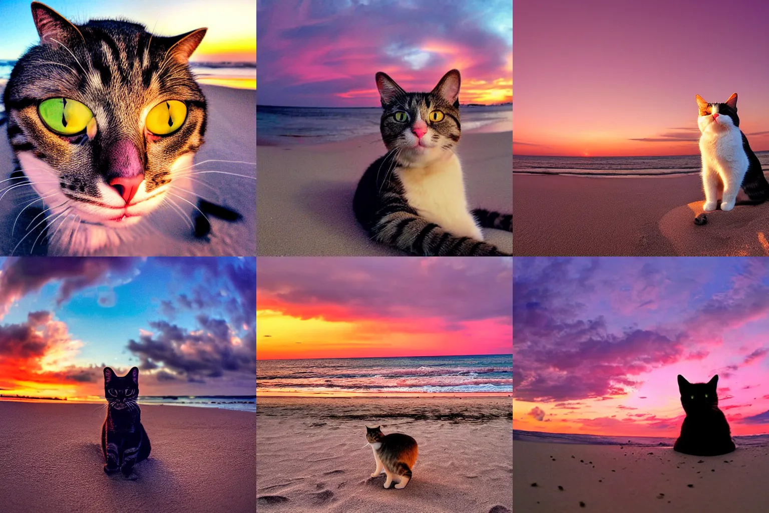 Prompt: a cat relaxing on the beach, pink sunset, real photograph, shot on a GoPro Hero 8