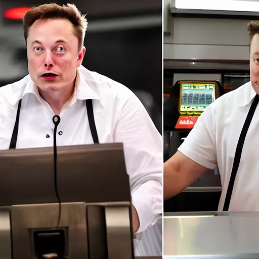 Prompt: Elon musk working at Burger king, Elon musk working the register at a fast food place