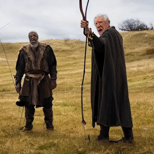 Image similar to morgan freeman playing odin all father from the thor movie, sir ian mckellen shooting arrows from his bow, highly detailed, cinematic shot, cinematic lighting, 8 k, exquisit facial detail