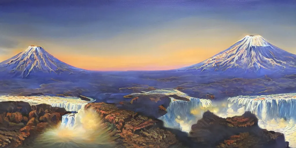 Image similar to Grand Canyon, Niagara Falls, Mount Fuji, cinematic lighting, detailed oil painting, hyperrealistic, 8k