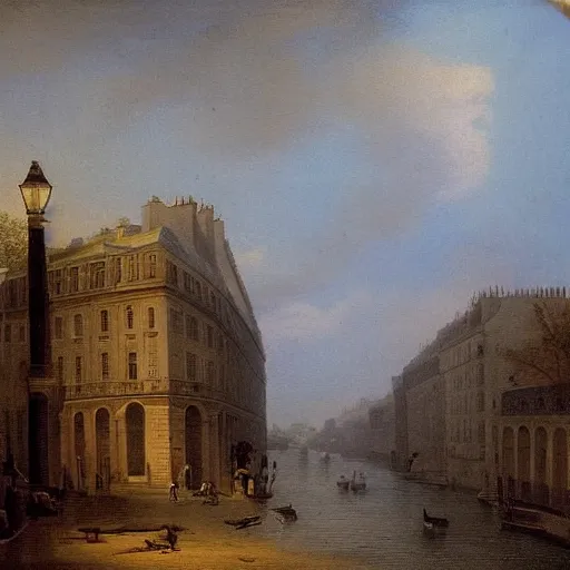 Image similar to 1750 Paris streets getting stormed, in the style of the Hudson River School