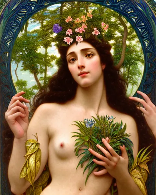 Image similar to goddess of nature, unusual beauty, fauna, flowers, plants, emotionally evoking symbolic metaphors, head in focus, fantasy, ornamental, intricate, elegant, sensual, highly detailed digital painting, artstation, concept art, painterly, golden ratio, sharp focus, illustration, art by John William Godward and Alphonse Mucha and Boris Vallejo and Arcimboldo and Zdzisław Beksiński,