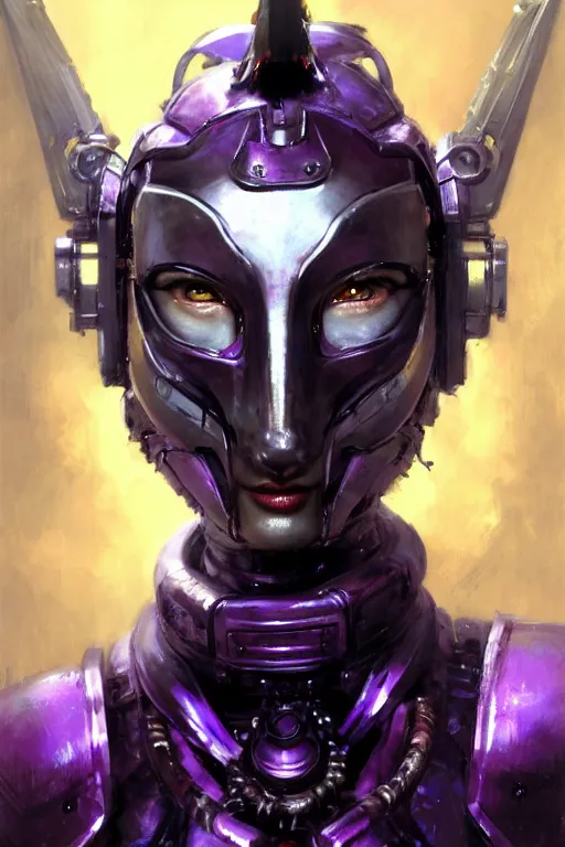 Prompt: extreme close up, facial portrait, half - chinese woman with a long black ponytail in purple sci - fi armor, kitsune mask on head, mechanical armor, cybernetic hands, striking pose, portrait dnd, painting by gaston bussiere, craig mullins, greg rutkowski, yoji shinkawa