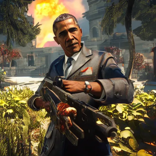 Prompt: Obama as Edward Richtofen in the der eisendrache Easter egg cutscene, black ops 3 zombies