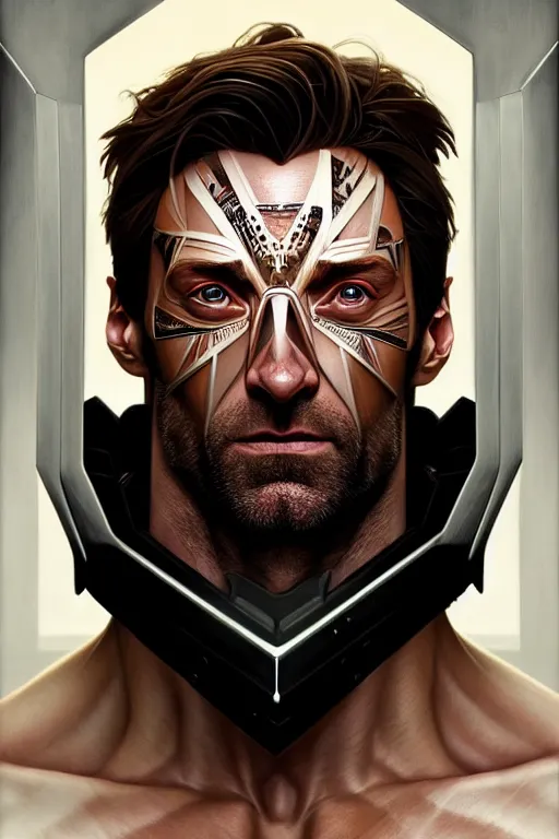 Image similar to symmetry!! portrait of hugh jackman in the boys in the style of god of war, machine parts embedded into face, intricate, elegant, highly detailed, digital painting, artstation, concept art, smooth, sharp focus, illustration, art by artgerm and greg rutkowski and alphonse mucha, 8 k