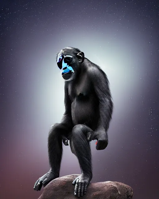 Image similar to very detailed high resolution illustration of a mystical chimpanzee, backlit, stars, night, surrounded, 3 d, 8 k, extremely detailed, artstation, award winning