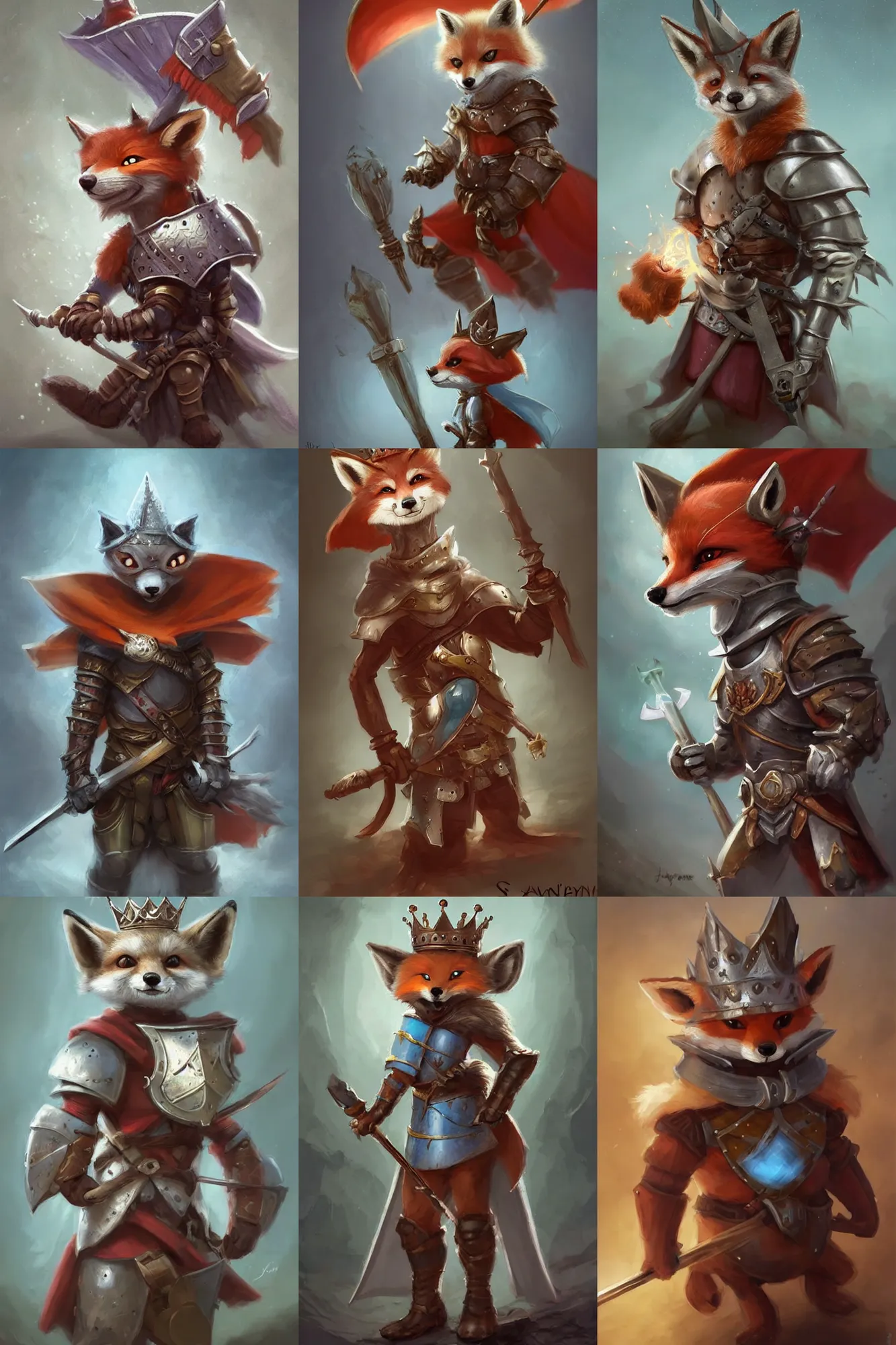 Image similar to cute little anthropomorphic foxy knight wearing a cape and a crown, tiny, small, miniature fox, baby animal, short, pale blue armor, cute and adorable, pretty, beautiful, DnD character art portrait, matte fantasy painting, DeviantArt Artstation, by Jason Felix by Steve Argyle by Tyler Jacobson by Peter Mohrbacher, cinematic lighting