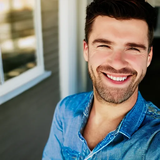 Image similar to photo of a white male smiling, closeup, selfie