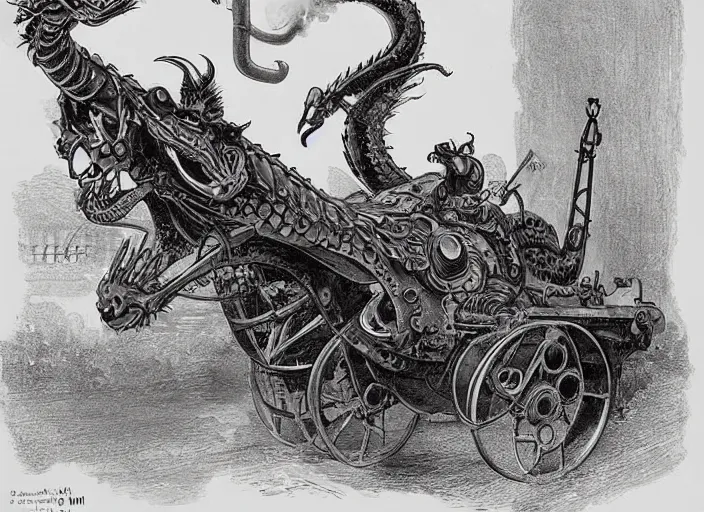 Prompt: illustration, real dragon with steam punk tanks and pipes on its side, white background, Charles Dana Gibson, Olivia Kemp, julia Hill