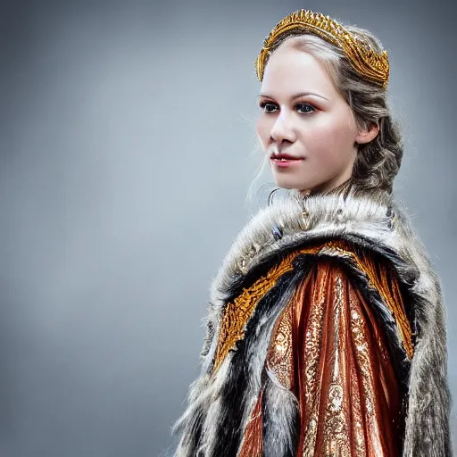 Prompt: portrait photograph of a very beautiful nordic queen with ornate cloak, highly detailed, award-winning photo, bokeh, graflex camera, super resolution