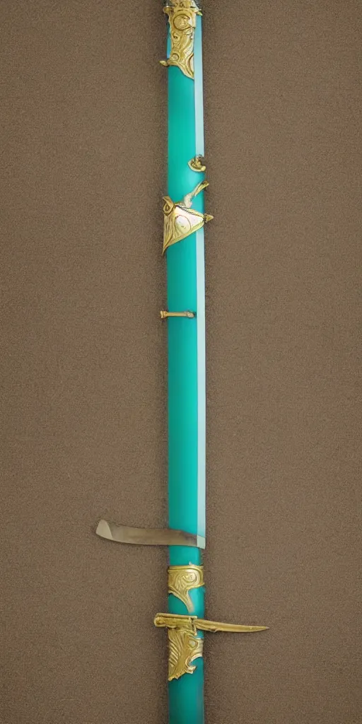 Image similar to photograph of a wide green and teal crystal sword blade attached to a big gold sword hilt