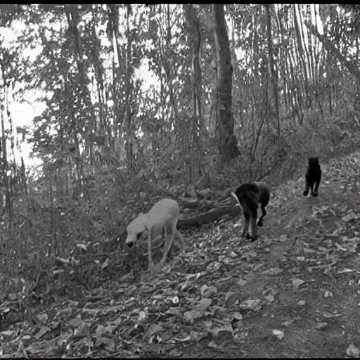 Prompt: banana and dog hybrid trail cam cctv footage