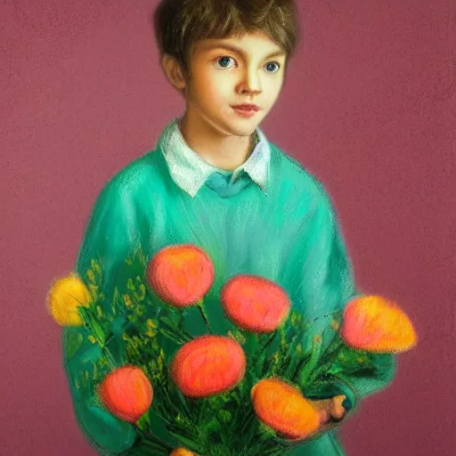 Image similar to a young boy is holding a bouquet of flowers, a pastel by bourgeois, pixabay, art & language, stockphoto