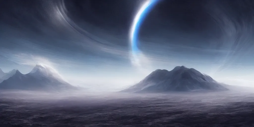 Prompt: A black hole with a glowing accretion disk, viewed from the surface of a blue ocean planet, sparse mountains on the horizon, clouds, light fog, dramatic lighting, stunning, art by Jessica Rossier