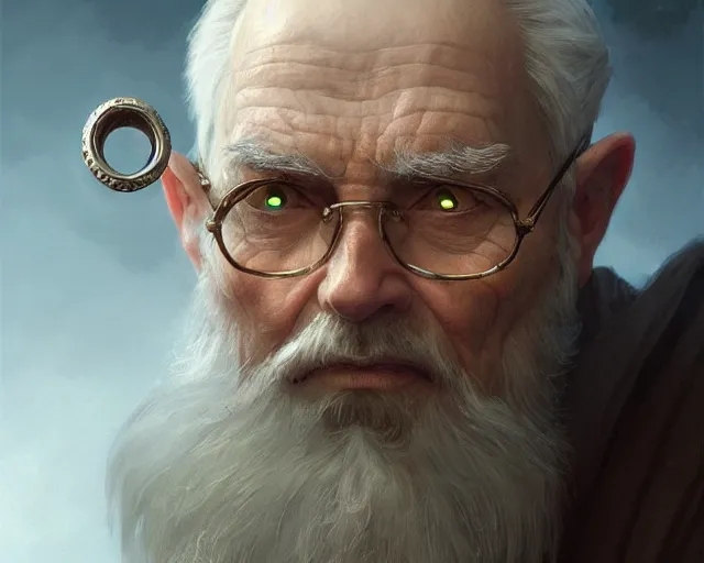 Image similar to old man wearing a ring on each finger, deep focus, d & d, fantasy, intricate, elegant, highly detailed, digital painting, artstation, concept art, matte, sharp focus, illustration, hearthstone, art by artgerm and greg rutkowski and alphonse mucha