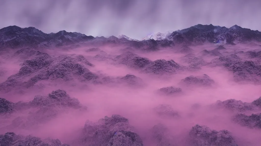 Image similar to a war between difference samurai fractions ongoing on soft glow pink desert with snow mountains and cloudy skies, purple fog, long exposure, detailed, hyper realistic, photorealism, landscape, ultra wide angle view, peaceful, cinematic, volumetric lighting, god ray through clouds