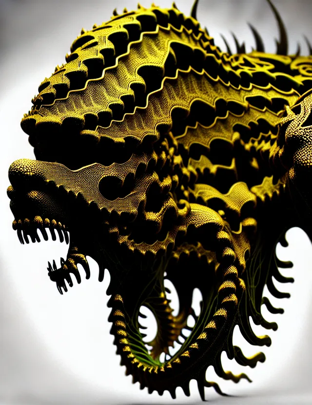 Prompt: complex 3 d render of a beautiful porcelain dark lovecraft horror machine glowing reptile eyes. green gold and black and white, fractal veins. dragon cyborg, 1 5 0 mm, beautiful natural soft light, rim light, gold fractal details, fine lace, mandelbot fractal, anatomical, glass, facial muscles, elegant, ultra detailed, metallic armor, octane render, depth of field