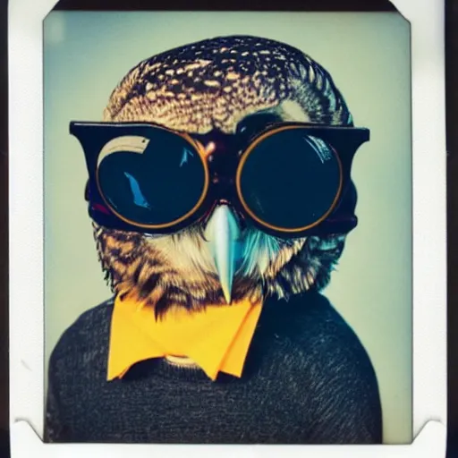 Prompt: close - up polaroid photo of anthropomorphic owl anthropomorphic!!! in glasses wearing a hoodie!!!!