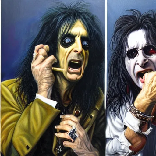 Prompt: a hyperrealistic painting of Alice Cooper and Ozzy Osbourne eating a bat by Jason Edmiston,